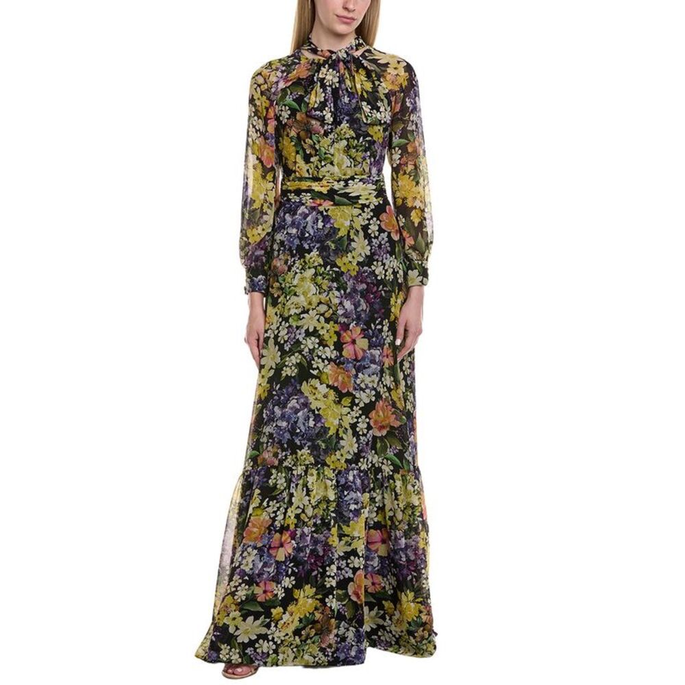 Teri Jon By Rickie Freeman Womens  Printed 3/4 Sleeve Maxi Dress, Yellow